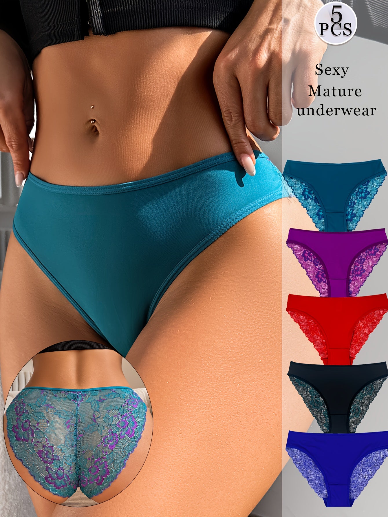 5pcs Women's Brief Underwear - Sexy Contrast Lace, Semi-Sheer Polyamide Knit Fabric - Elegant Drop Waist | Smooth & Soft | Hand Wash Only