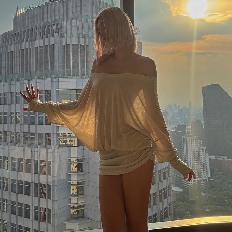 Women'S Sexy Off-the-Shoulder Long Sleeve Mini Dress - Solid Color Sheer Panel Party Clubwear, European & American Inspired Pleated Bandeau Dress for Spring/Autumn, Casual to Night Outfits, 2025 New Arrival (Sexy Off-Shoulder
