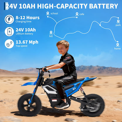 24V 350w Kids Ride On Motorcycle, 13.6MPH Max Speed, Mini Dirt Bike with Rear Wheel Suspension, Music, 12 Miles Range, Twist Grip Throttle, Seats, Blue