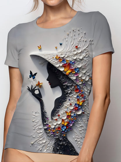 Plus-Size Women's Lightweight Breathable Stretchy Short Sleeve Crew Neck T-Shirt - Vibrant 3D All-Over Print Casual Summer Top, Machine Washable Daily Wear Tee, Butterfly Floral Design, Comfortable Fit Shirt