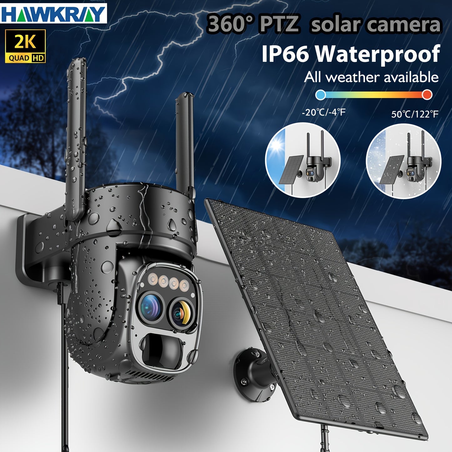 Hawkray [10x Zoom] 360-degree Low-power Cctv Solar Panel Battery 2K FHD WiFi Camrea With Spotlight Alarm, Motion Detection, Color Night Vision, Two-way Audio And