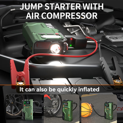 9000A Jump Starter with Air Compressor, 5in 1 Function Jump Box 150PSl JumpStarter Battery Pack with Digital Tire Inflator, Car Battery Charger Portable for 10L GasOr 9.0L Diesel Battery Charger, Car Jumper Starter Portable