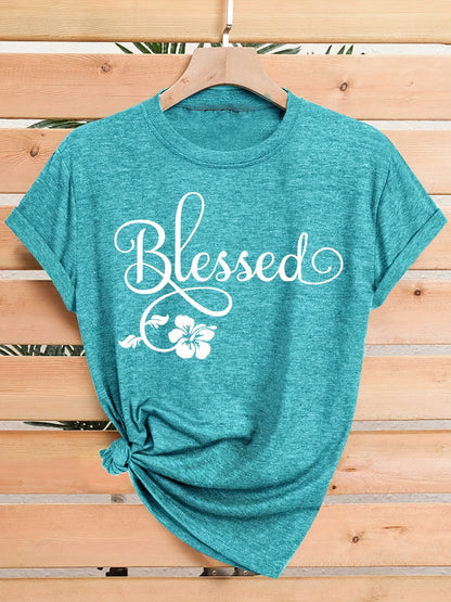 Women's Casual Short Sleeve T-Shirt - Blessed Floral Print Retro Style, Soft Stretch Round Neck Top, Machine Washable All-Season Comfort, Multi-Color Options S-XXL, Ladies T Shirts