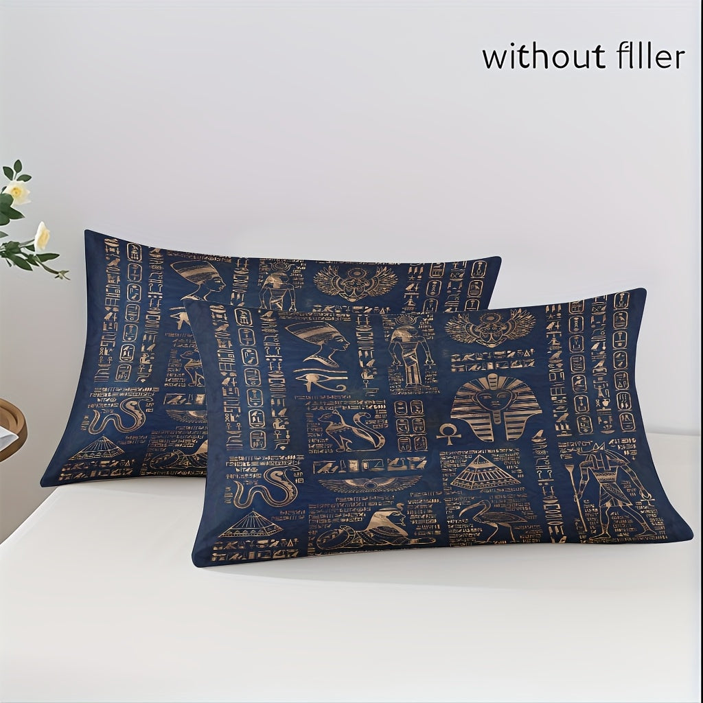 Ancient Egyptian Symbols Duvet Cover Set - Soft High-Definition Digital Print, Blue Polyester, Includes Duvet Cover And Pillowcases, All-Season Use, Perfect Gift For Family And Friends, Machine Washable, Easy Care