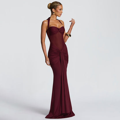 Women's Elegant Ruched Halter Neck Maxi Dress, Slim Fit Summer Party Dress