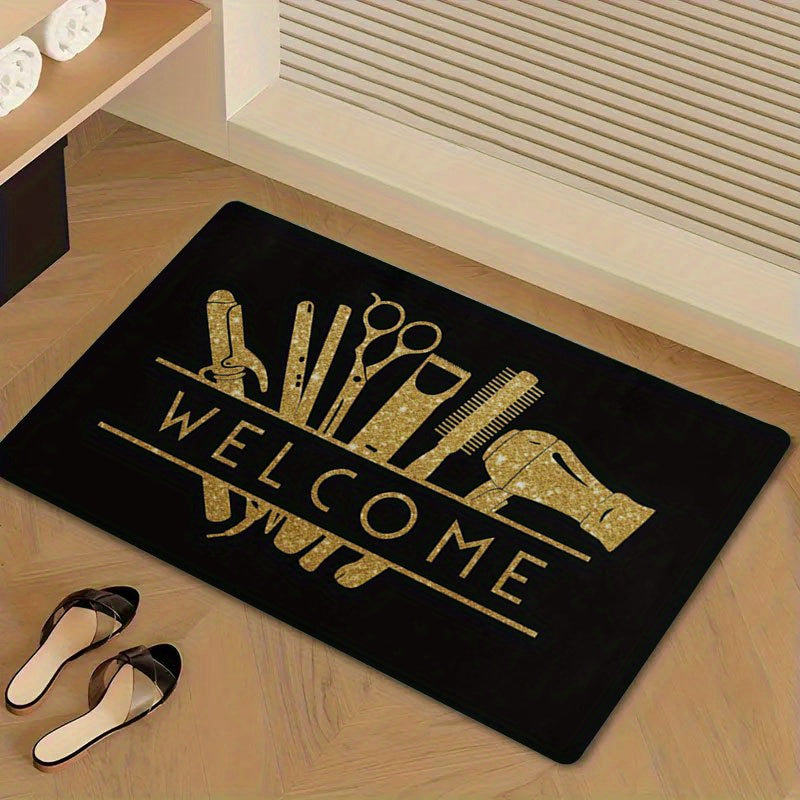 1pc Salon Barber Shop Mat - Anti-Slip Bathroom with Golden Hair Tools Design (Scissors, Comb, Boots), Extra Large Non-Slip Door Mat for Salon, Bathroom, Entryway - Machine Washable Heavy-Duty Rubber Base - Ideal Gift for Hair