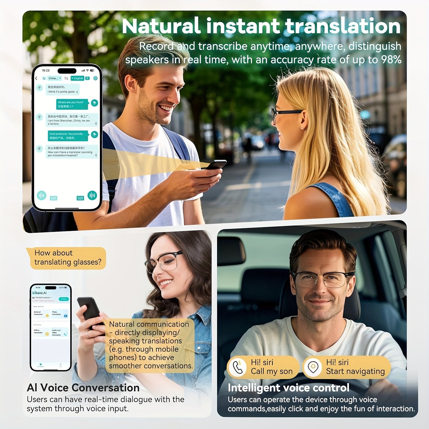 AI Smart Glasses with 160+ Language Real-Time Translation, Chat GPT System, Built-in Mic & Speaker, HD Voice Calls & Music Playback, Smart Glasses with Camera & Voice Assistant for Men & Women, USB-Powered, Compatible with Sm