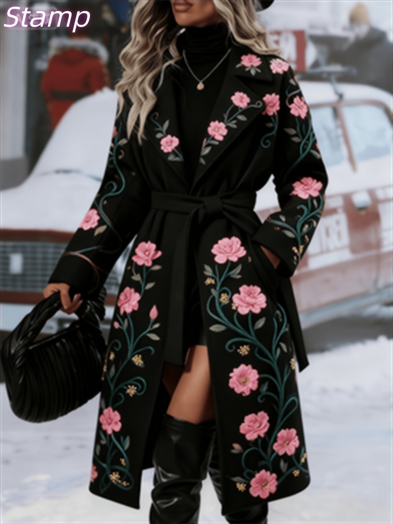 Fashionable And Elegant - Winter New Arrival - Women's Long Trench Coat - Warm And Simple - Double-Breasted Buttons With Belt - Featuring Floral Vine Print