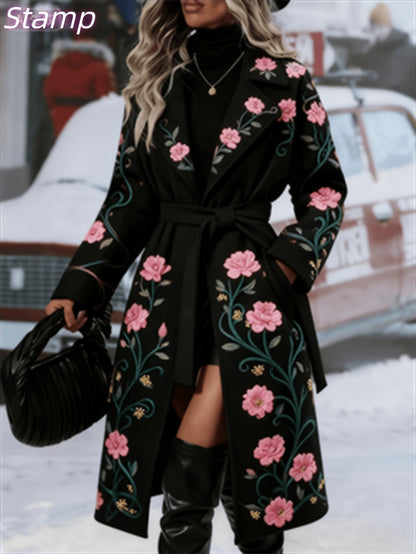 Fashionable And Elegant - Winter New Arrival - Women's Long Trench Coat - Warm And Simple - Double-Breasted Buttons With Belt - Featuring Floral Vine Print