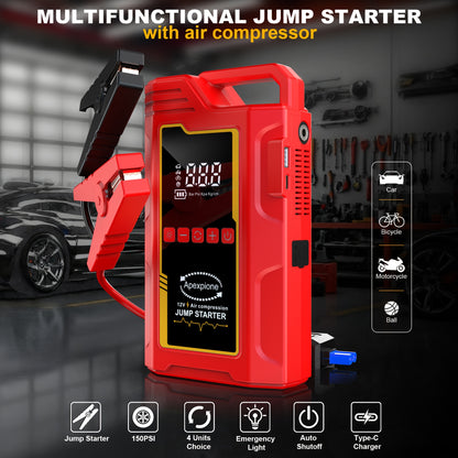 15000A Jump Starter Peak 12V Portable Car Jump Starter | With Air Compressor, LED Light, Battery Charger, Cart Battery Charger, Tire Inflator, Essential Car Rescue Tools For Families, Gift, USB Charging, Digital Display