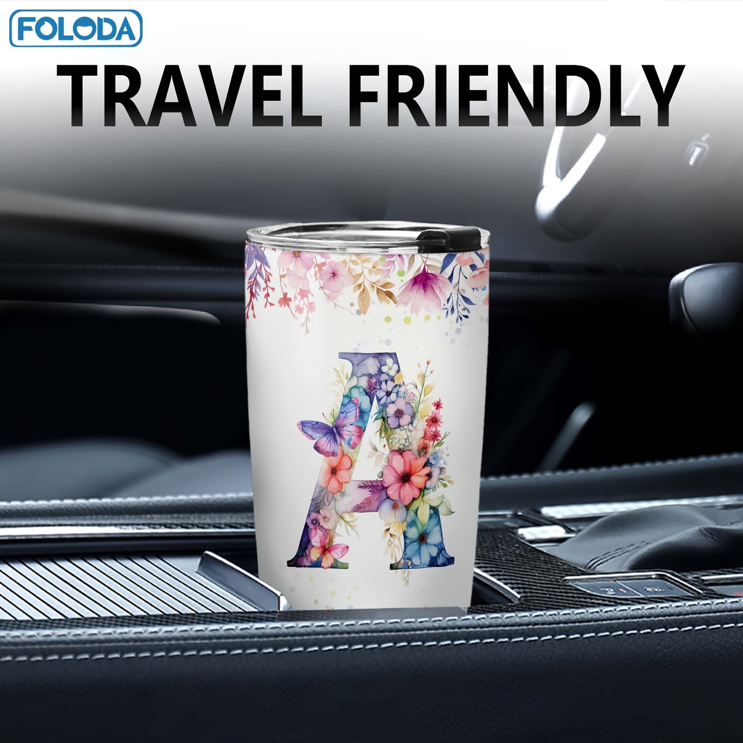 Foloda 1pc Personalized Flower Initials Tumbler Christmas Gift 20oz Mug with Letter Flower Butterfly, Travel Cup for Wedding Birthday Graduation Party, Birthday Valentine's Day Mother's Day Gifts Stainless Steel Mug with Lid