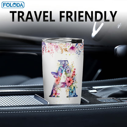 Foloda 1pc Personalized Flower Initials Tumbler Christmas Gift 20oz Mug with Letter Flower Butterfly, Travel Cup for Wedding Birthday Graduation Party, Birthday Valentine's Day Mother's Day Gifts Stainless Steel Mug with Lid