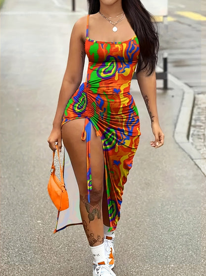 Women's Sexy Geometric Print Open Back Split Hem Dress - Stretchy Spaghetti Strap High Elasticity Machine Washable All-Season Casual to Evening Wear, Street Style Attire | Casual Chic Wear | Accessory Coordination