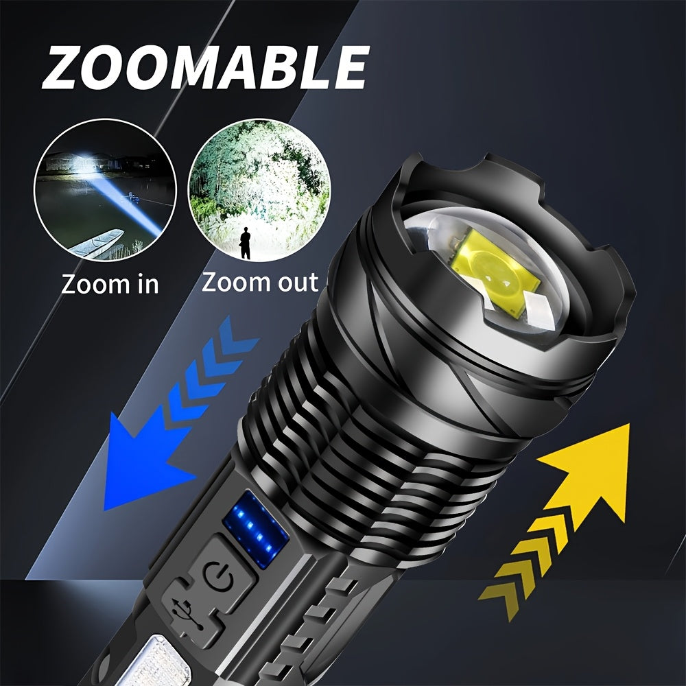 1/2/4pcs Multifunctional Flashlight High-Power LED Flashlight with COB Red/Blue Warning Side Light - Rechargeable Zoomable Long Distance Fishing Camping Light Many Mode