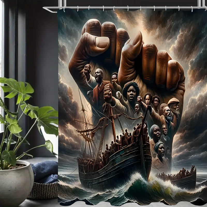 1pc/4pcs Winning ship pattern, Apartment bathroom, Shower Room shower curtain, hotel shower curtain set, with 12 hooks, bathroom mat, toilet seat mat and U-shaped mat, bathroom accessories, shower curtain set