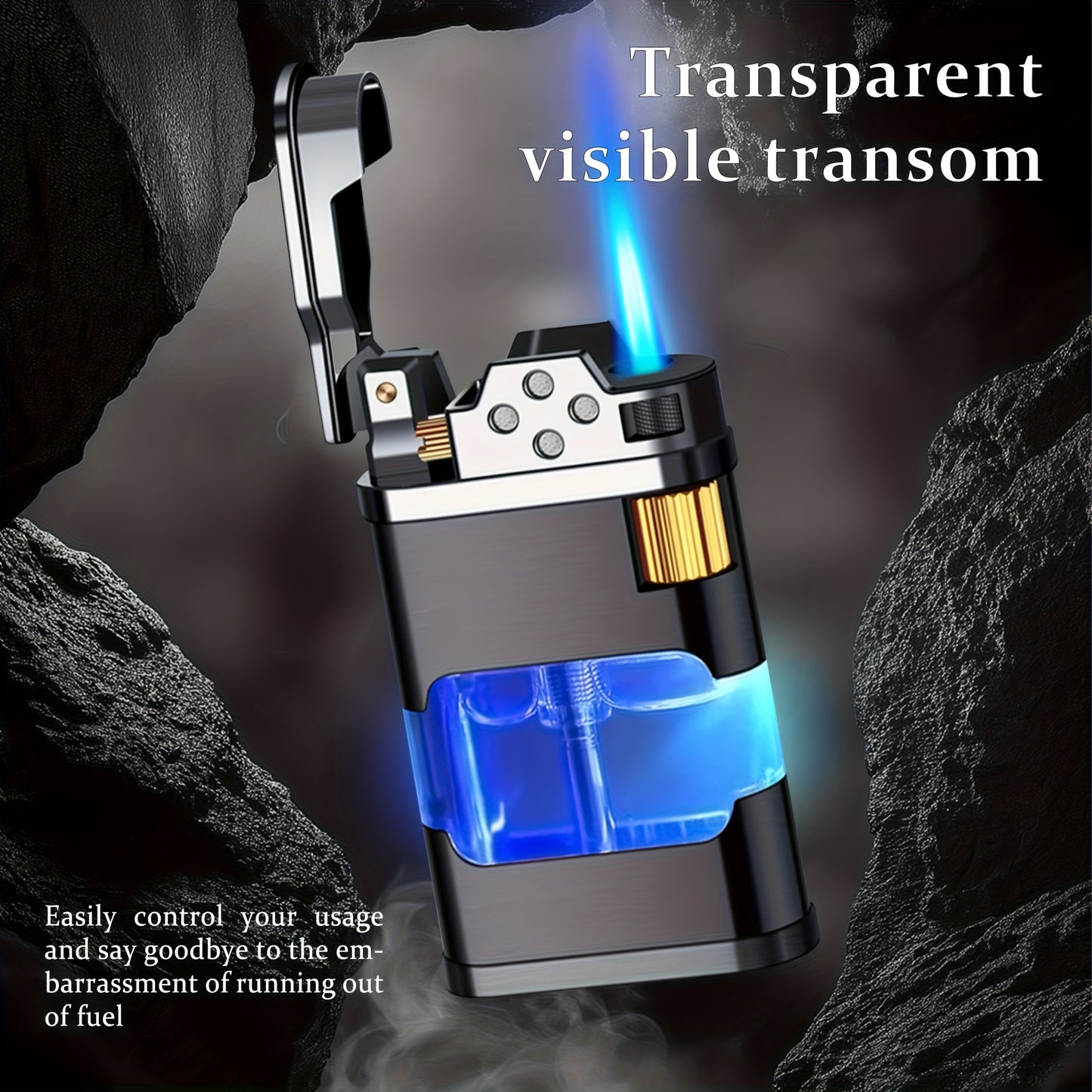 Windproof Blue Flame Butane Lighter with Transparent Gas Chamber & Wheel Ignition - Ergonomic Outdoor Lighter for Camping, Hiking, Candles - Durable Metal Construction, Perfect Gift for Dad, Boyfriend (No Butane Gas Included)