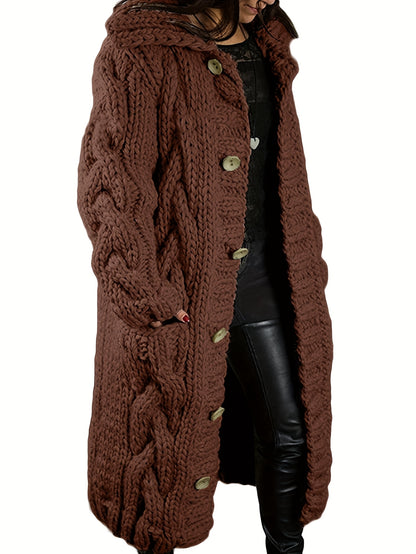 Plus Size - Cardigan for Women in Fall And Winter - Casual Plus Size, Oversized Design with Long Sleeves Featuring a Cable Pattern, Single Row of Buttons, Pockets, And a Long Length. Made from Soft Fabric, It Can Be Hand Wash