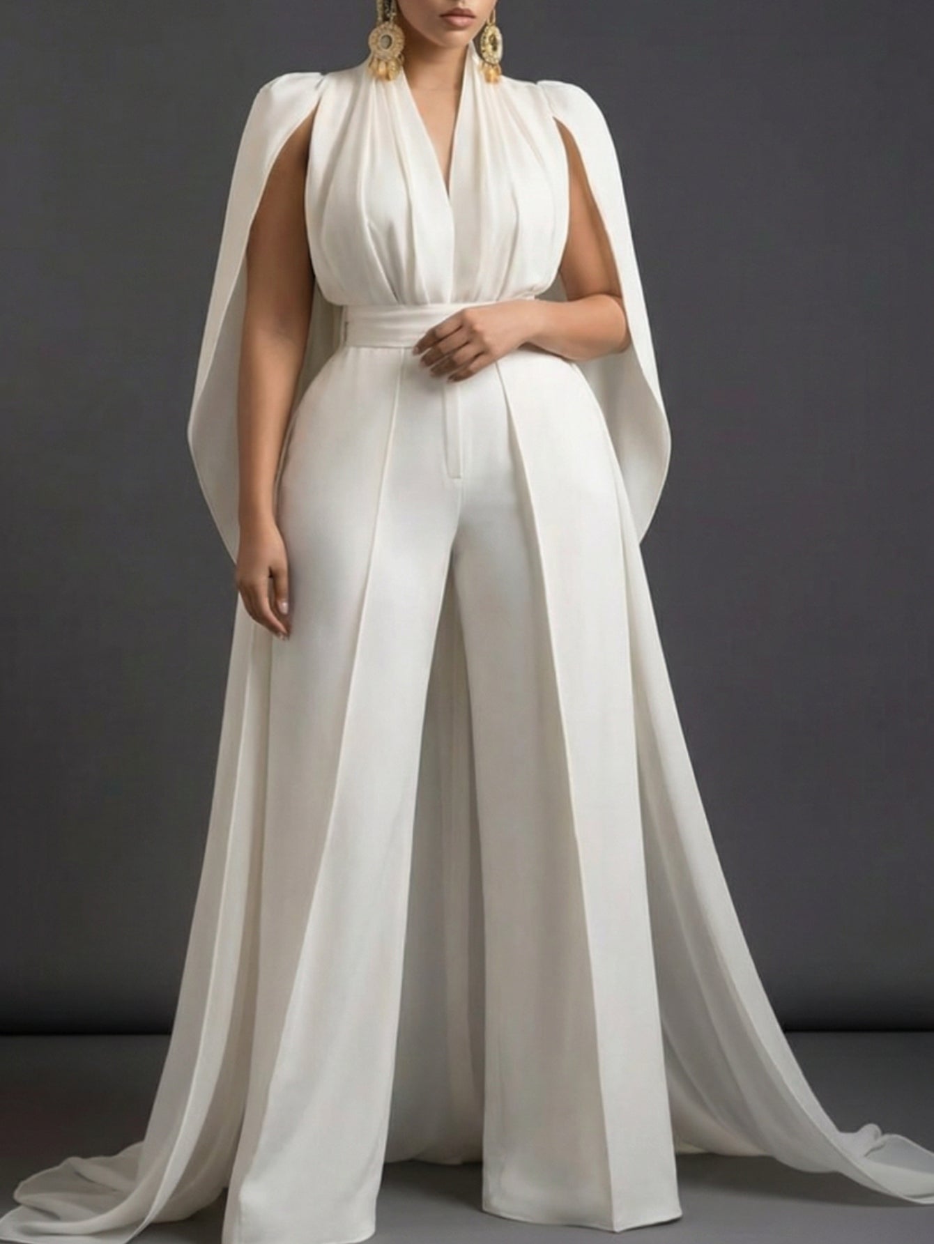 White V-Neck Capelet Waist- Wide-Leg Maxi Jumpsuit | Elegant and Exquisite Style Perfect for Parties, Formal Occasions & Light Social Events