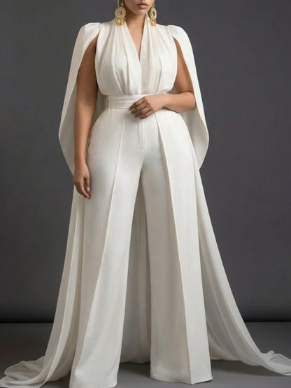 White V-Neck Capelet Waist- Wide-Leg Maxi Jumpsuit | Elegant and Exquisite Style Perfect for Parties, Formal Occasions & Light Social Events
