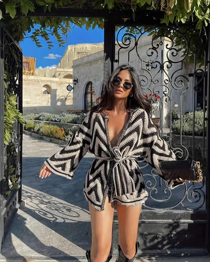 Women'S Chic Black & White Striped Belted Cardigan - Long Sleeve Open Front Sweater with Adjustable Waist Tie, Loose Fit Winter Coat for Everyday & Formal Outfits - Elegant Layering Piece for Fall/Winter Seasons, Cardigan Swe