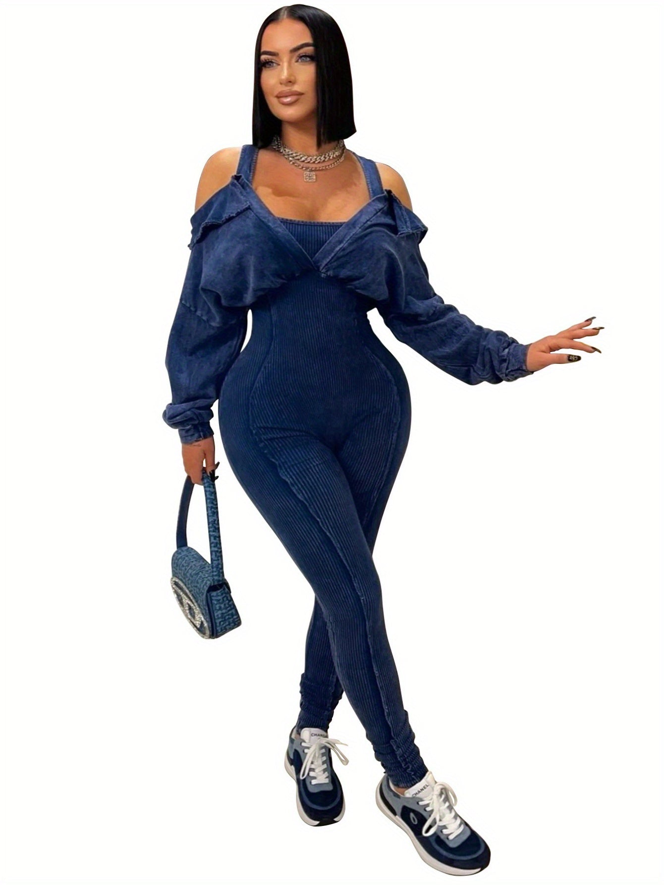 Hot Women'S V-Neck Tight-Fitting Jumpsuit Autumn And Winter New Women'S Sexy