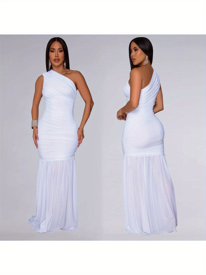 European and American Fashion Women's Dress with Slanted Shoulder and Sheer Color;