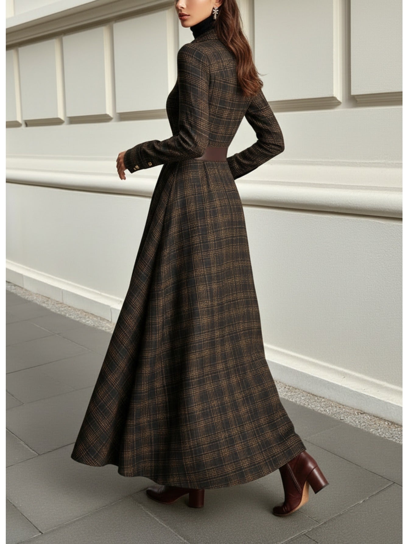 Brown-Black Plaid Collared Waist-Cinched Belt-Trimmed Flared Maxi Dress | Retro Elegant Temperament Style for Daily Outings, Formal Gatherings & Casual Dates, Perfect for Fall/Winter