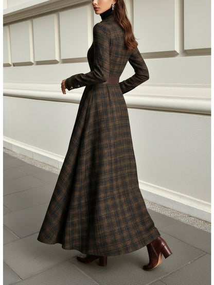 Brown-Black Plaid Collared Waist-Cinched Belt-Trimmed Flared Maxi Dress | Retro Elegant Temperament Style for Daily Outings, Formal Gatherings & Casual Dates, Perfect for Fall/Winter