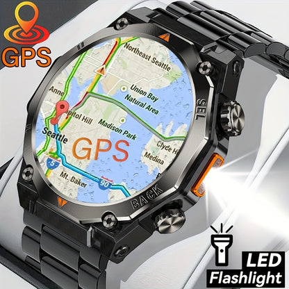 COIUSOR Men'S GPS Smartwatch with Built-in LED Flashlight & Compass, 1.46" AMOLED HD Display, IP68 Waterproof, Battery, 100+ Modes, IP68 Rugged Design, Fitness Tracker