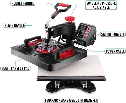 HOMDOX Upgraded 8 in 1 / 5 in 1 Heat Press Machine 15 x 12 Inch Professional Heat Transfer Machine 360-Degree Swing Away Multifunction Industrial-Quality Digital Sublimation Combo Heat Press for T Shirt Mug Hat Plate Cap for