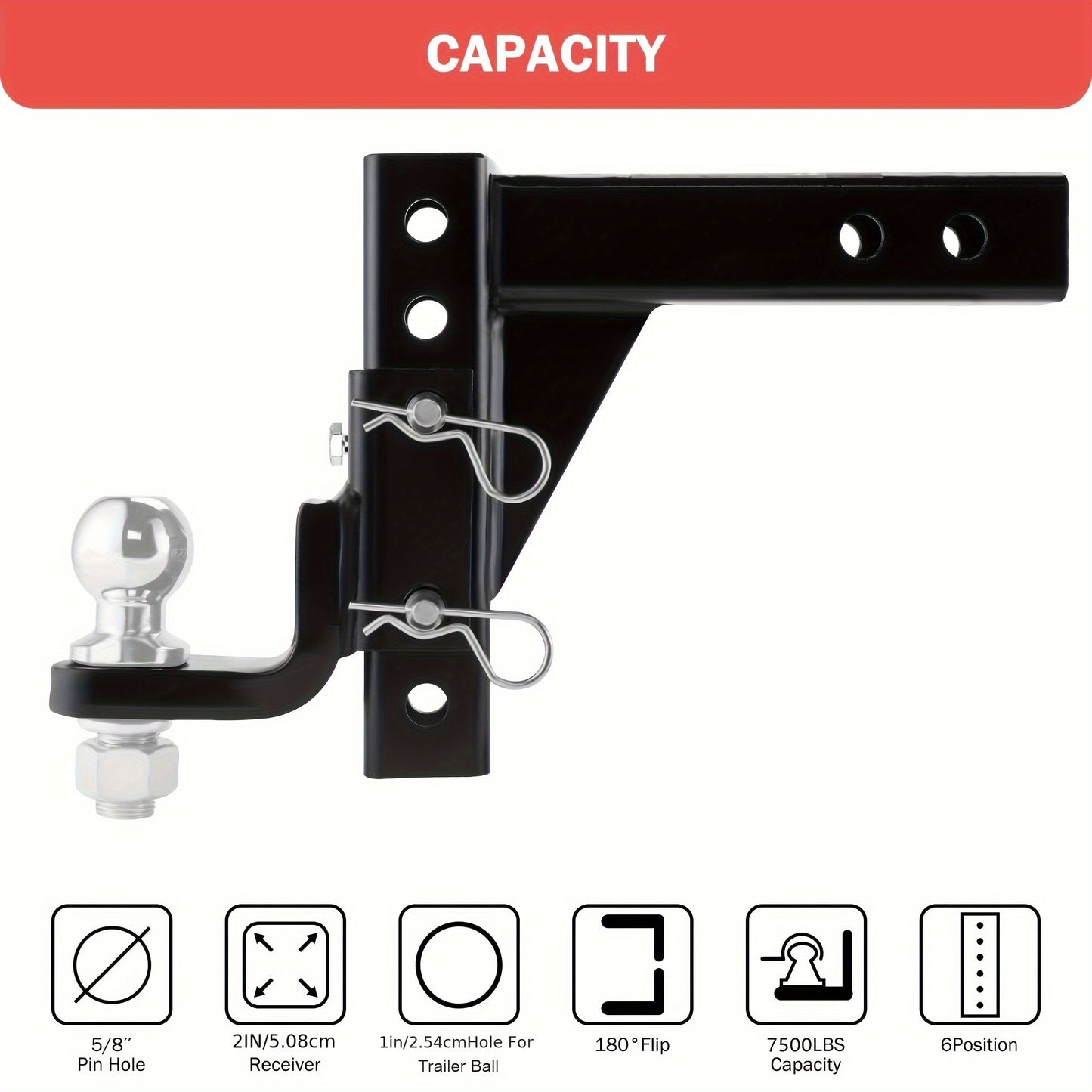 OPENROAD Adjustable Trailer Hitch Ball Mount, Fits 2-Inch Receiver, 1-Inch Hole, 7500lbs, 9-1/2" Drop/ 8-1/4" Rise Drop Hitch, Tow Hitch for Heavy Duty Truck with Stainless Steel Pins