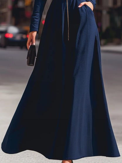 Elegant Women's Dress with a Lapel, Long Skirt, Long Sleeves, Zipper Details, Advanced Tailoring, Waist Cinching,, Flared Design, Fashionable, Elegant, Full of Aura, Queen-like Style, Suitable for Autumn Dates, Parties, Dinne
