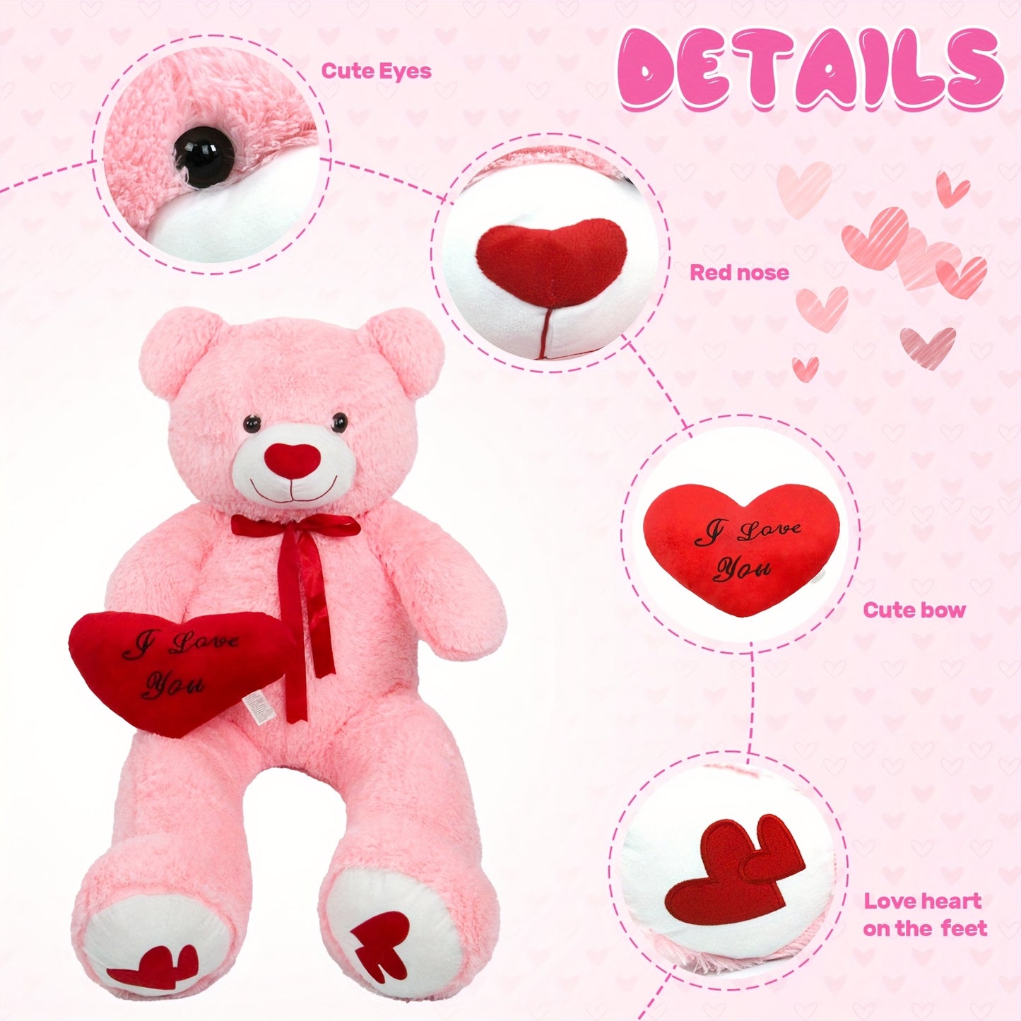 53" Big Teddy Bear Stuffed Animals with Footprints And 14" Heart-shaped Plush Pillow Plush Toy for Girlfriend (White Pink Brown Blue Purple), Stuffed Animals, Huge Stuffed Animal, Small Stuffed Animals, Cuddly Companion, Gift