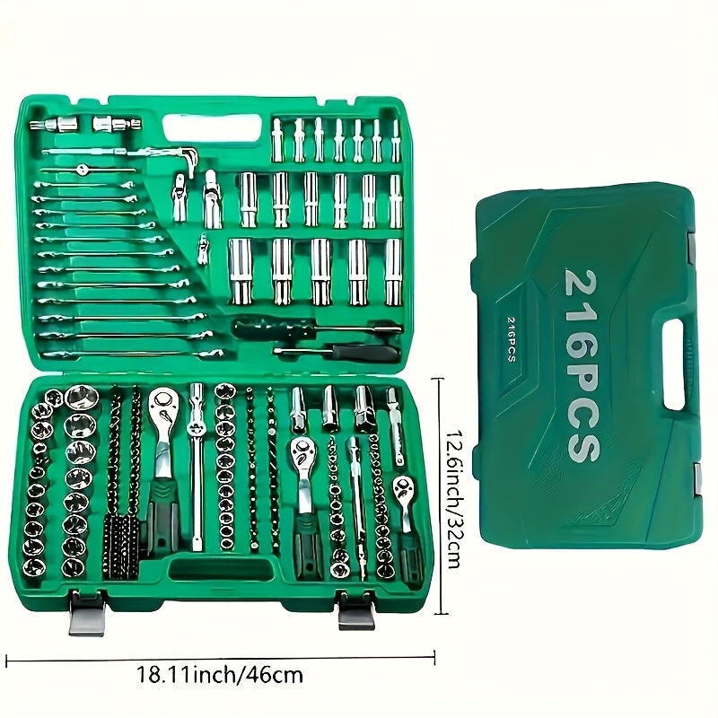 High End Professional 216 Tool Set, 1/4 "3/8" 1/2 "drive Depth And Standard Sleeves, Ratchet Wrench Set, S2 And CR-V Sleeves, Automotive Parts Repair Quick Ratchet Wrench And Other Automotive Repair Parts, Professional Racing