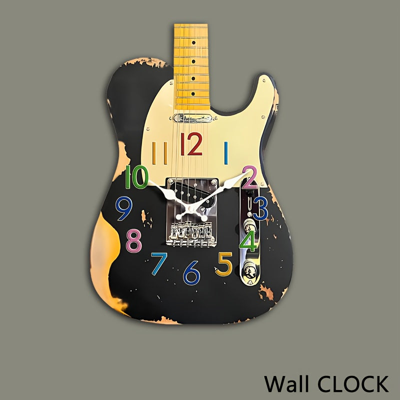1pc Unique Shaped Clock, Retro Guitar Design Wall Clock, Irregular Cut Guitar Clock, Silent Quartz Unique Creative Music Clock, Suitable for Bedroom, Living Room, Office, Kitchen, Bathroom, Battery Powered (Batteries Not Incl