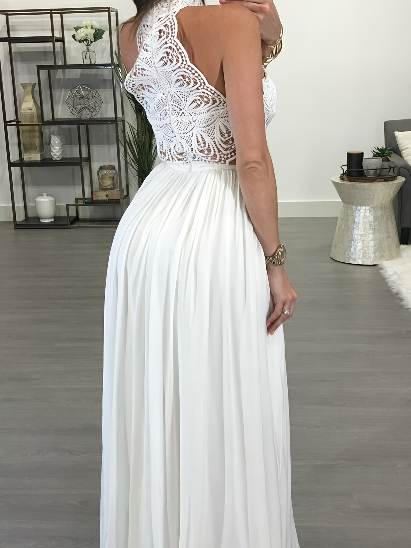 Women Hollow Out Lace Halter Dress, Crochet High Waist Pleated Maxi Dress Wedding Party Dress