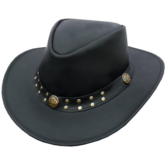 Genuine Leather Cowboy Hat for Men Women Western Australian Outback Hat with Shapeable Wide Brim, Black Aussie Style Leather Hat