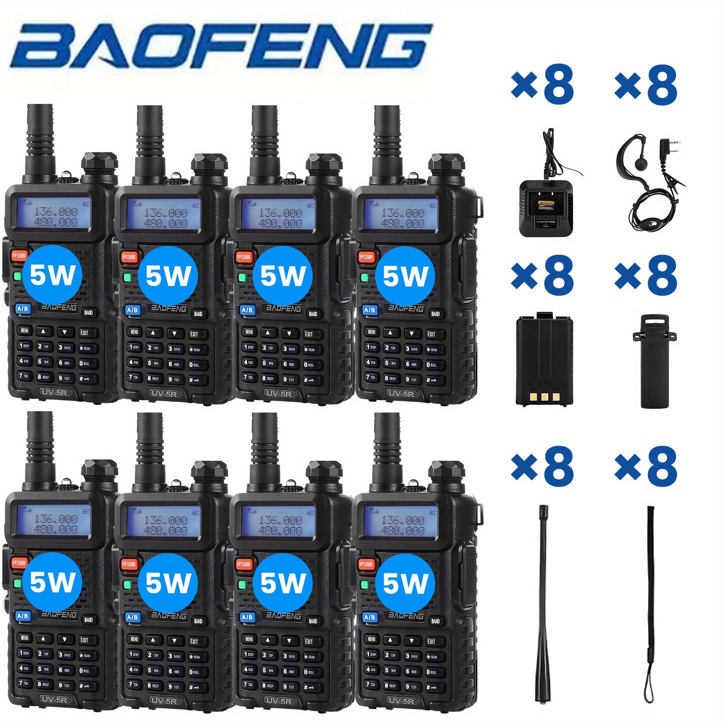 Set of 8 Baofeng UV-5R 5W Radios, Long-Distance Walkie-Talkies Equipped with a Flashlight, Featuring a Two-Way Handheld Design with an Ultra-Long Standby Time of 48-72 Hours, Ideal for Survival Gear During Hunting And Camping