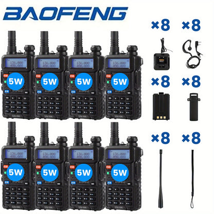 Set of 8 Baofeng UV-5R 5W Radios, Long-Distance Walkie-Talkies Equipped with a Flashlight, Featuring a Two-Way Handheld Design with an Ultra-Long Standby Time of 48-72 Hours, Ideal for Survival Gear During Hunting And Camping