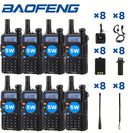 Set of 8 Baofeng UV-5R 5W Radios, Long-Distance Walkie-Talkies Equipped with a Flashlight, Featuring a Two-Way Handheld Design with an Ultra-Long Standby Time of 48-72 Hours, Ideal for Survival Gear During Hunting And Camping