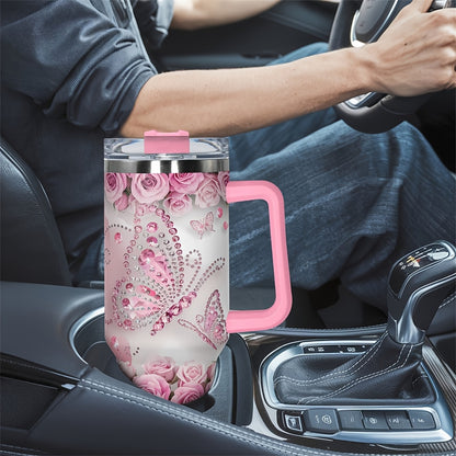 One Personalized 40Oz Tumbler Featuring a Lid And a Butterfly Design, Customized with a Name. This Stainless Steel Water Bottle Is Insulated And Built to Last, Making It a Perfect Gift for Various Occasions Such As Birthdays,
