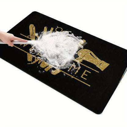 1pc Salon Barber Shop Mat - Anti-Slip Bathroom with Golden Hair Tools Design (Scissors, Comb, Boots), Extra Large Non-Slip Door Mat for Salon, Bathroom, Entryway - Machine Washable Heavy-Duty Rubber Base - Ideal Gift for Hair
