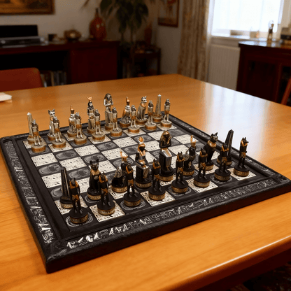 Egyptian Anubis Black Silver and Gold Chess Set w/ 16" Hieroglyphics Board – Top Trending Chess Set, Best Seller, Limited Stock, Fast Shipping, Popular Choice, Must-Have, Top Rated, Customer Favorite, Top Hot Seller, Perfec