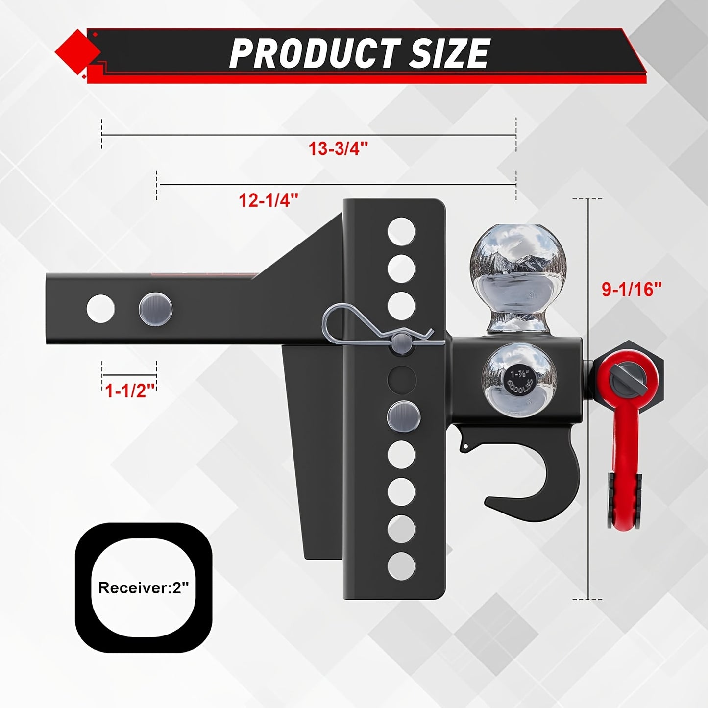 Adjustable Heavy-Duty Trailer Hitch Tri-Ball Mount With Tow Hook & Swivel Shackle, Fits 2" Receiver, 4-1/2" Rise/Drop, Includes 1-7/8", 2", & 2-5/16" Balls, Secure Hitch With Locks & Pin