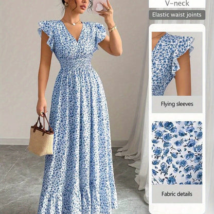 Blue Floral Dress with Digital Printing