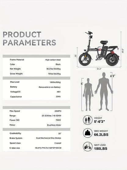 700W Folding E-Bike for Adults: Tackle 25° Hills & 20MPH Speeds. 35-Mile Range with 48V 20Ah Removable Battery, 385LBS Capacity & 11-Layer Shock Absorption for A Smooth Ride. Your All-in-One Commute & Adventure Solution