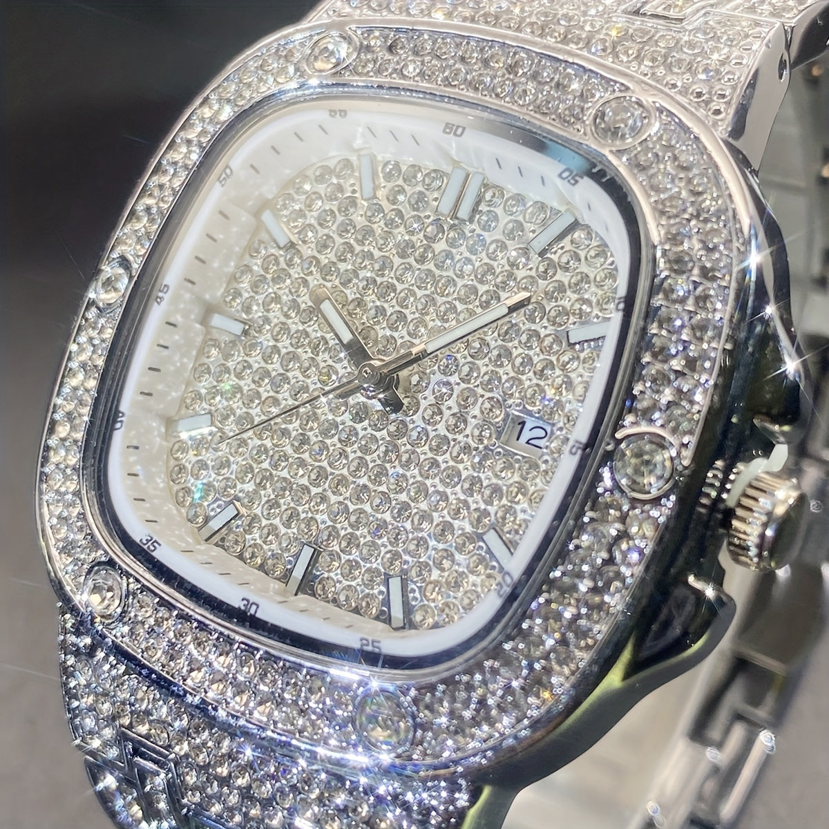 Latest Chilled Men'S Watch With Street Style Water Drill Hip-hop Square Watch For Women With Luminous Scale For Couples, Jewelry Accessories.