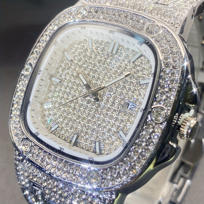 Latest Chilled Men'S Watch With Street Style Water Drill Hip-hop Square Watch For Women With Luminous Scale For Couples, Jewelry Accessories.