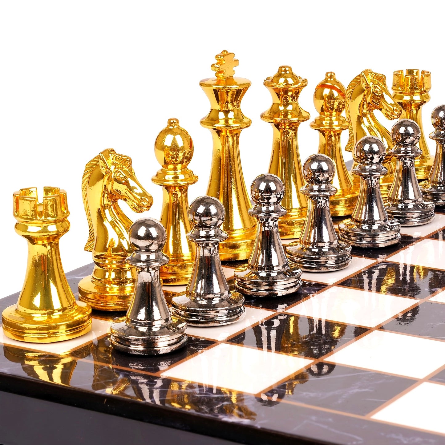 Luxury Marbling Chess Set with Marble Board & Zinc Alloy Metal Pieces - Elegant Marbled Design with Golden & Pattern, Extra Queens Included - Durable Travel-Friendly Chessboard for Adults, Beginners & Professionals - Ideal Gi