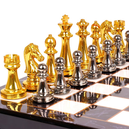 Luxury Marbling Chess Set with Marble Board & Zinc Alloy Metal Pieces - Elegant Marbled Design with Golden & Pattern, Extra Queens Included - Durable Travel-Friendly Chessboard for Adults, Beginners & Professionals - Ideal Gi